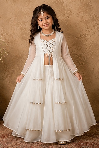 Ivory Handloom Chanderi Gota Embellished Jacket Set For Girls by Archana Kochhar Kids