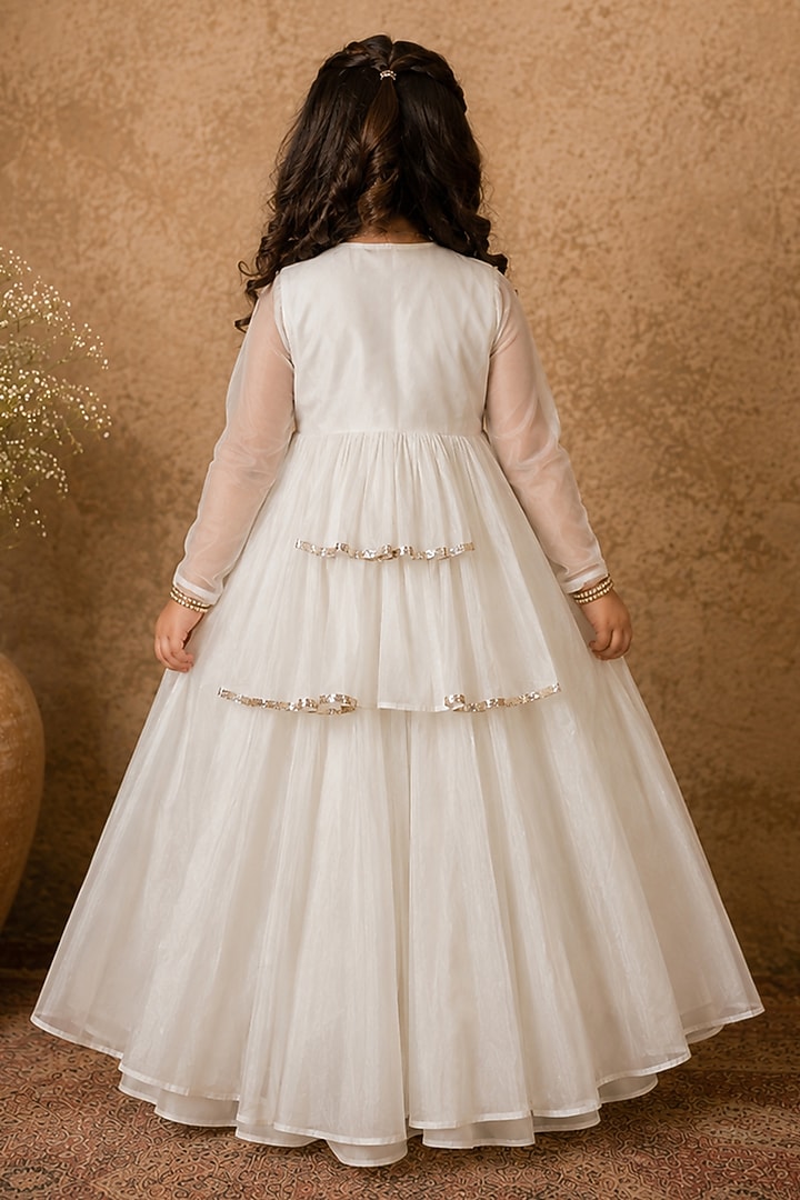 Ivory Handloom Chanderi Gota Embellished Jacket Set For Girls by Archana Kochhar Kids at Pernia's Pop Up Shop