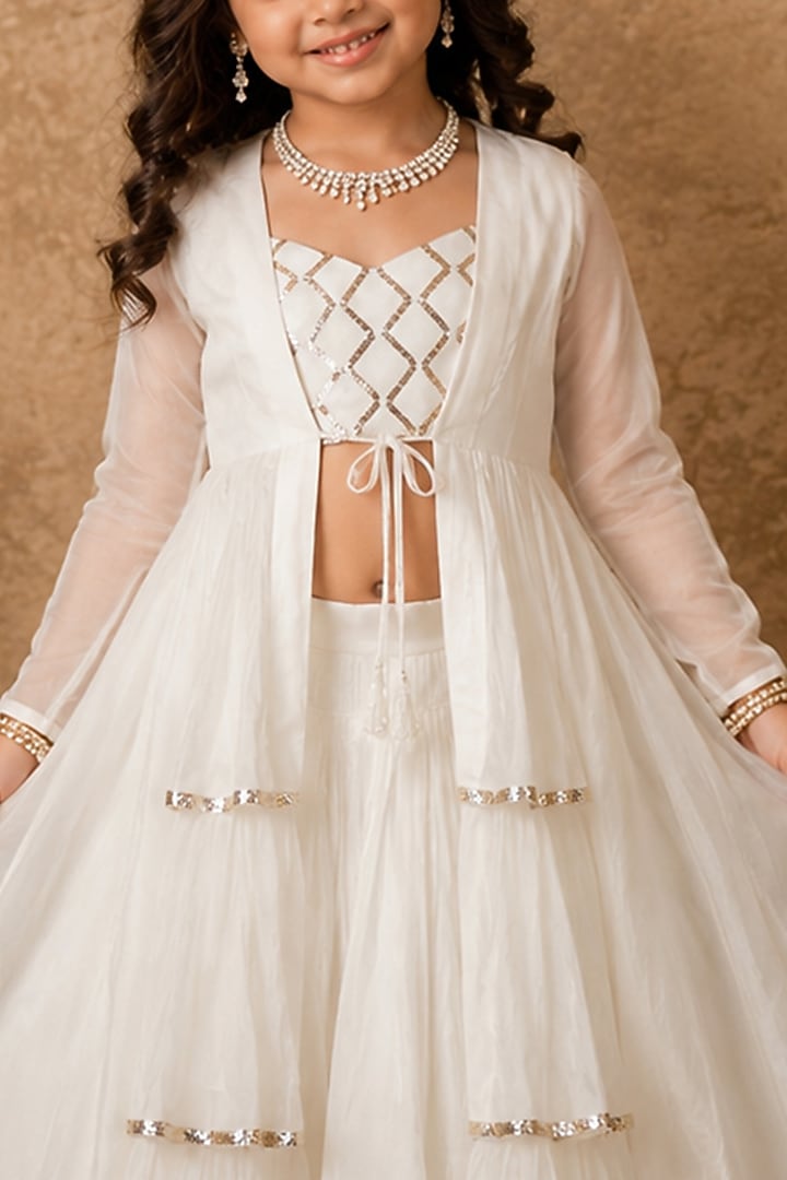 Ivory Handloom Chanderi Gota Embellished Jacket Set For Girls by Archana Kochhar Kids at Pernia's Pop Up Shop