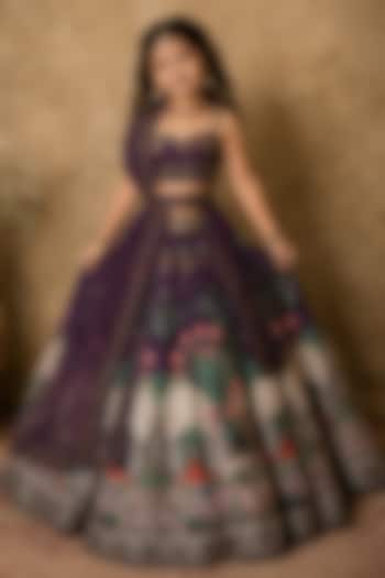 Purple Raw Silk Digital Printed & Sequin Embroidered Lehenga Set For Girls by Archana Kochhar Kids at Pernia's Pop Up Shop