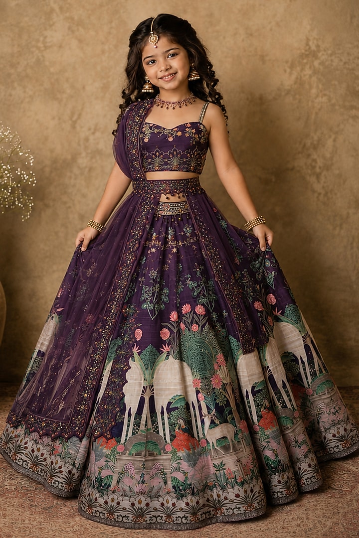 Purple Raw Silk Digital Printed & Sequin Embroidered Lehenga Set For Girls by Archana Kochhar Kids at Pernia's Pop Up Shop