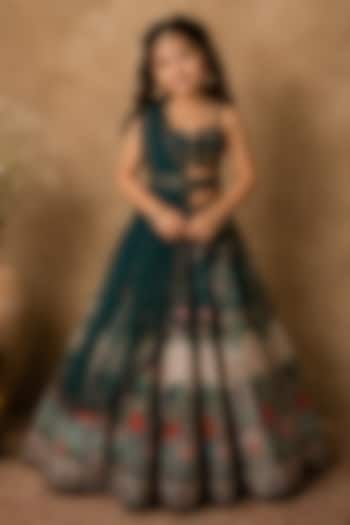 Green Raw Silk Digital Printed & Sequin Embroidered Lehenga Set For Girls by Archana Kochhar Kids at Pernia's Pop Up Shop