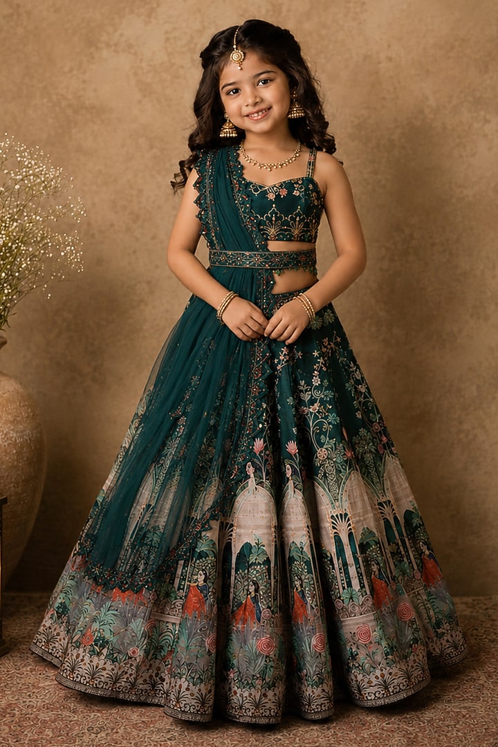 Green Raw Silk Digital Printed & Sequin Embroidered Lehenga Set For Girls by Archana Kochhar Kids at Pernia's Pop Up Shop