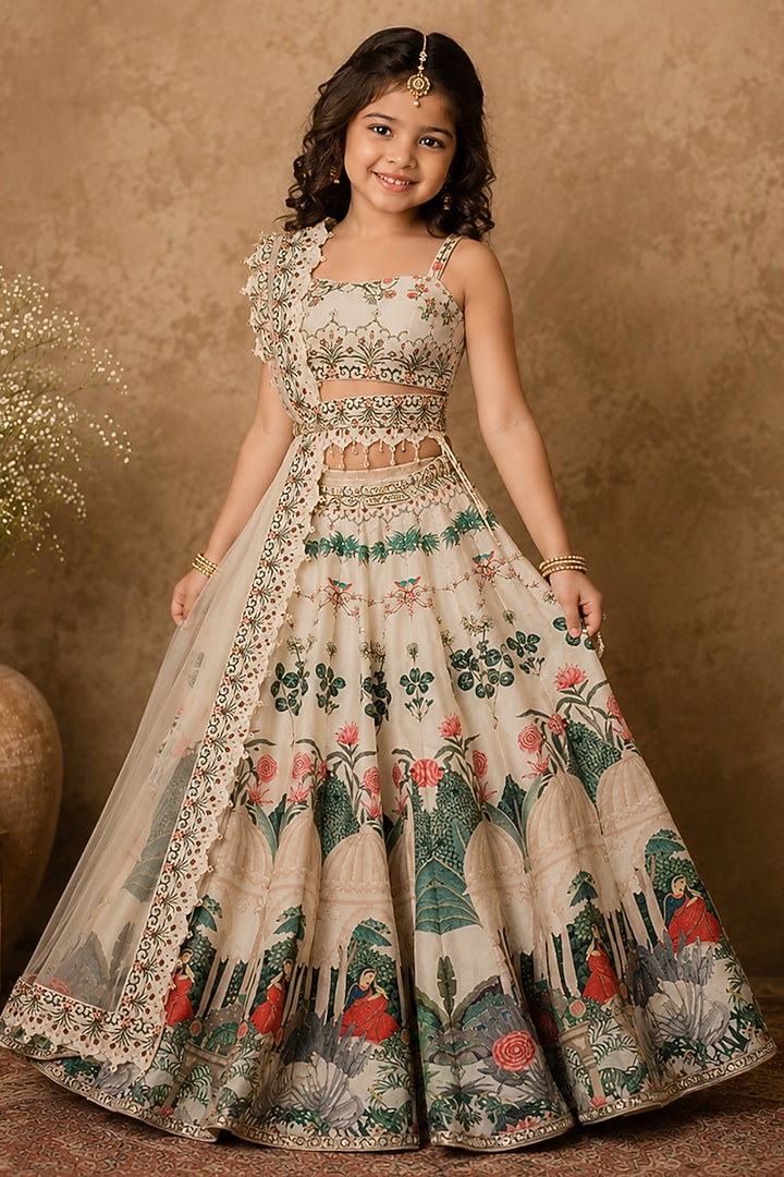 Ivory Raw Silk Digital Printed & Sequin Embroidered Lehenga Set For Girls by Archana Kochhar Kids at Pernia's Pop Up Shop