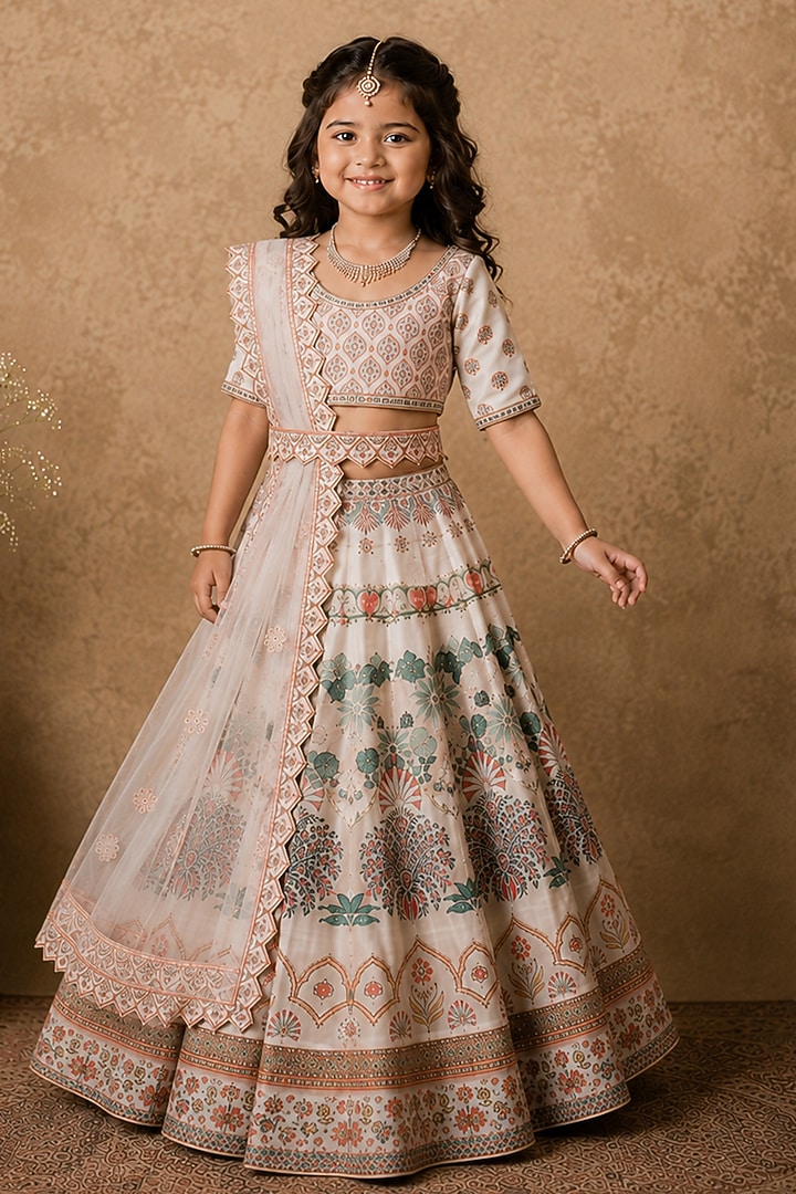 Ivory Raw Silk Digital Printed & Kasab Embroidered Lehenga Set For Girls by Archana Kochhar Kids at Pernia's Pop Up Shop