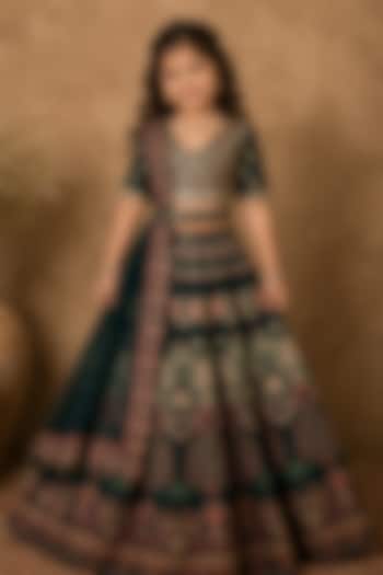 Green Raw Silk Digital Printed & Kasab Embroidered Lehenga Set For Girls by Archana Kochhar Kids at Pernia's Pop Up Shop