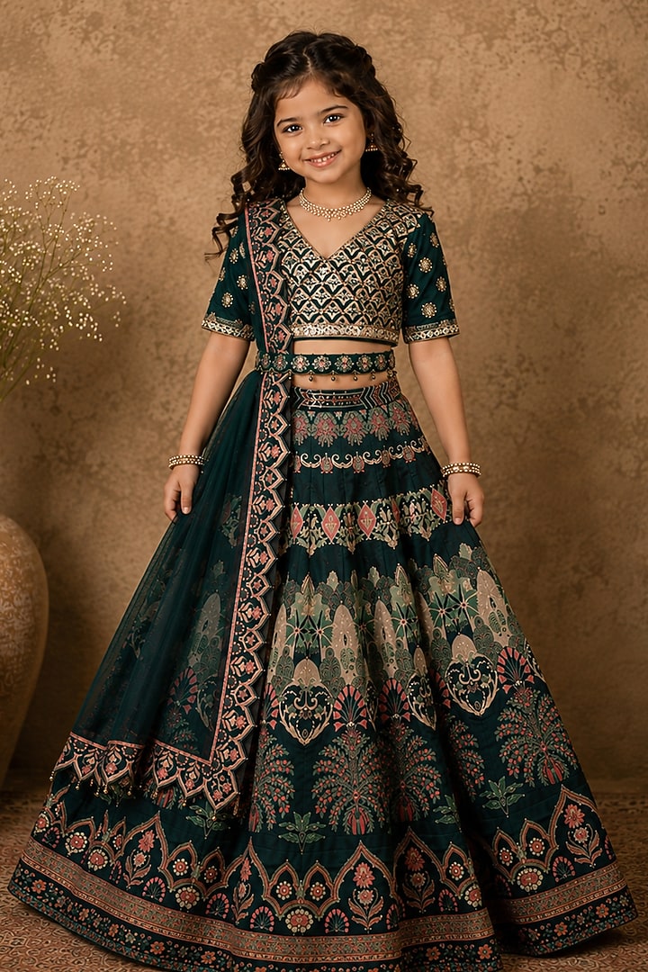 Green Raw Silk Digital Printed & Kasab Embroidered Lehenga Set For Girls by Archana Kochhar Kids at Pernia's Pop Up Shop
