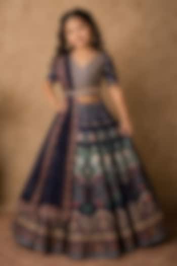 Blue Raw Silk Digital Printed & Kasab Embroidered Lehenga Set For Girls by Archana Kochhar Kids at Pernia's Pop Up Shop