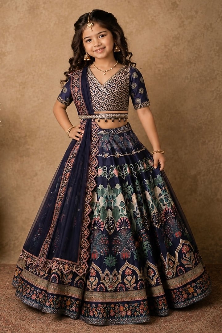 Blue Raw Silk Digital Printed & Kasab Embroidered Lehenga Set For Girls by Archana Kochhar Kids at Pernia's Pop Up Shop