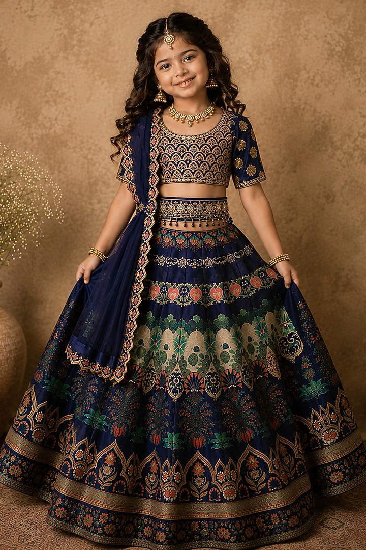 Purple Raw Silk Digital Printed & Kasab Embroidered Lehenga Set For Girls by Archana Kochhar Kids at Pernia's Pop Up Shop