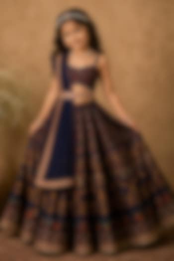 Blue Raw Silk Floral & Geometric Digital Printed Lehenga Set For Girls by Archana Kochhar Kids at Pernia's Pop Up Shop