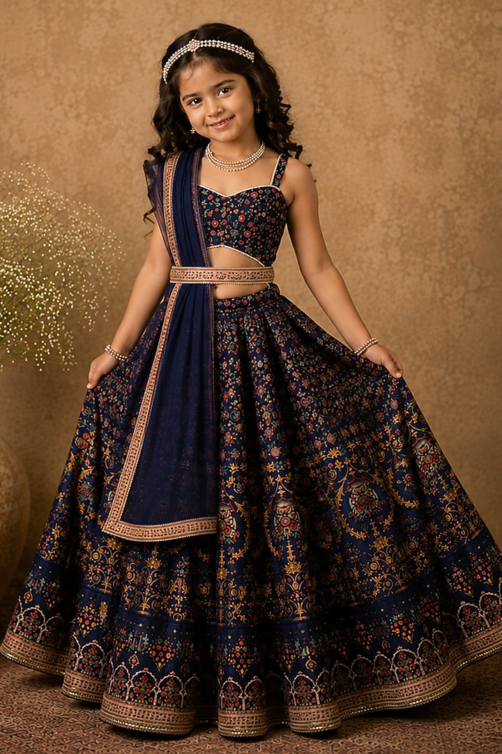 Blue Raw Silk Floral & Geometric Digital Printed Lehenga Set For Girls by Archana Kochhar Kids at Pernia's Pop Up Shop