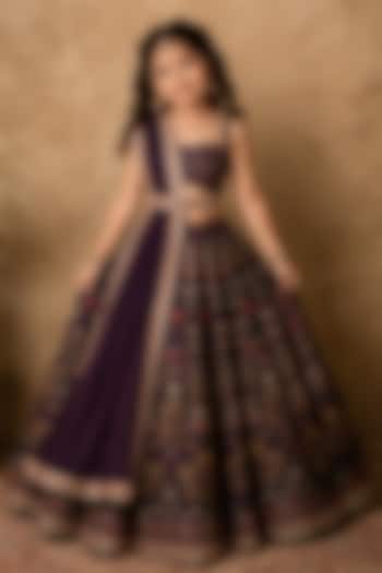 Purple Raw Silk Floral & Geometric Digital Printed Lehenga Set For Girls by Archana Kochhar Kids at Pernia's Pop Up Shop