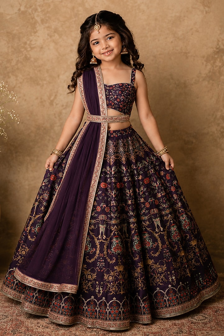 Purple Raw Silk Floral & Geometric Digital Printed Lehenga Set For Girls by Archana Kochhar Kids at Pernia's Pop Up Shop