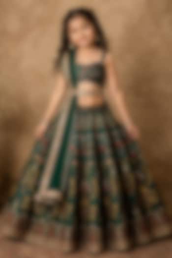 Emerald Green Raw Silk Floral & Geometric Digital Printed Lehenga Set For Girls by Archana Kochhar Kids at Pernia's Pop Up Shop