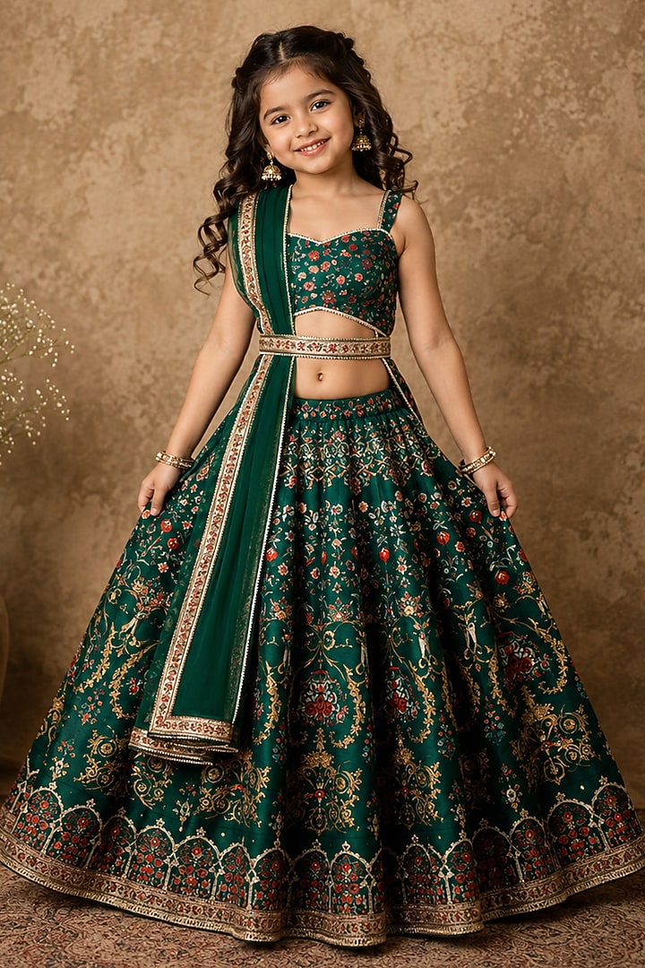 Emerald Green Raw Silk Floral & Geometric Digital Printed Lehenga Set For Girls by Archana Kochhar Kids at Pernia's Pop Up Shop