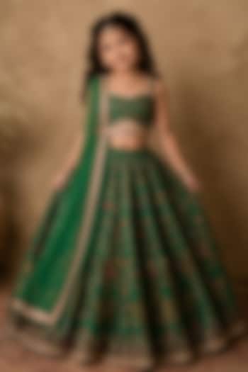 Green Raw Silk Floral & Geometric Digital Printed Lehenga Set For Girls by Archana Kochhar Kids at Pernia's Pop Up Shop