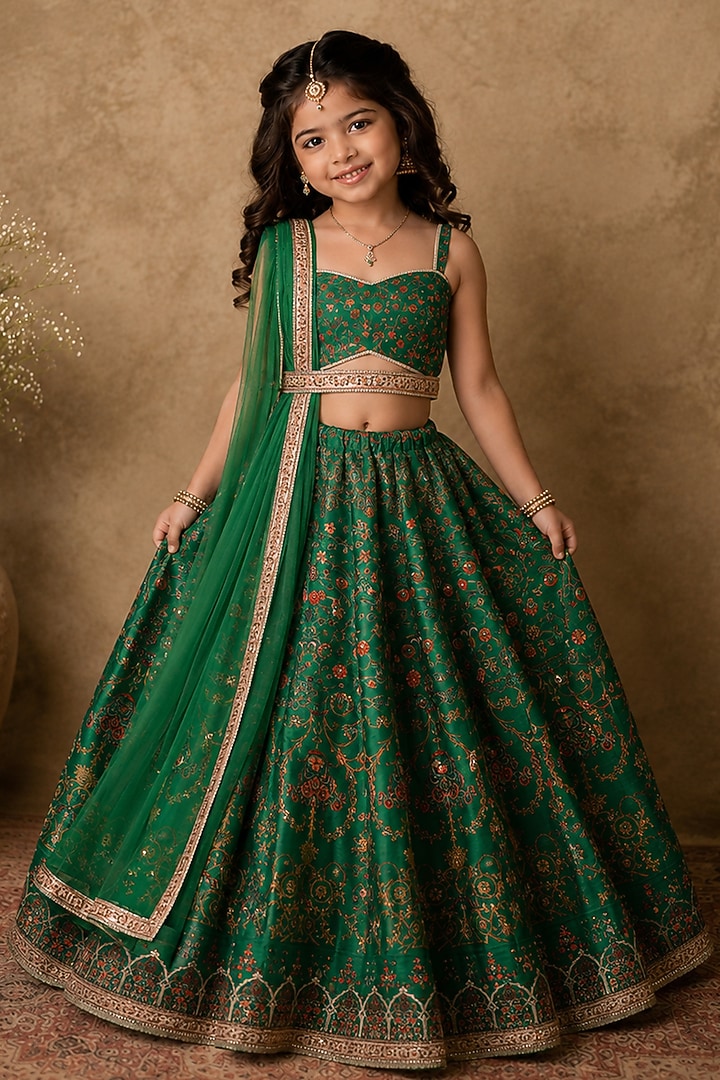 Green Raw Silk Floral & Geometric Digital Printed Lehenga Set For Girls by Archana Kochhar Kids at Pernia's Pop Up Shop
