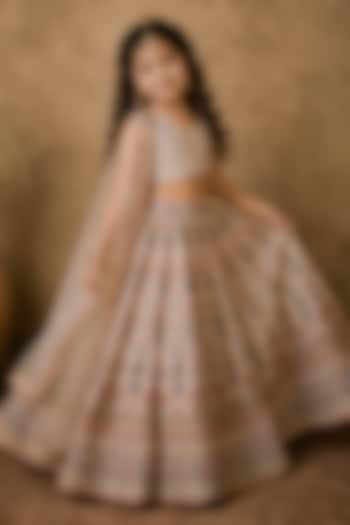Ivory Raw Silk Mirror & Kasab Embroidered Digital Printed Lehenga Set For Girls by Archana Kochhar Kids at Pernia's Pop Up Shop