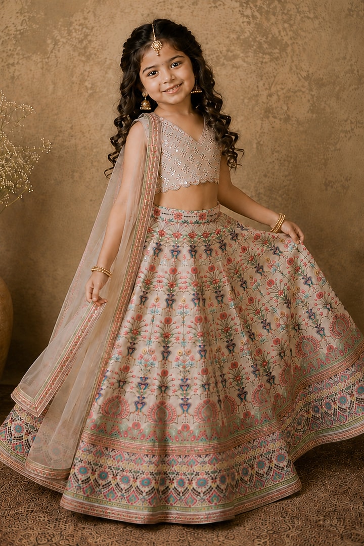 Ivory Raw Silk Mirror & Kasab Embroidered Digital Printed Lehenga Set For Girls by Archana Kochhar Kids at Pernia's Pop Up Shop