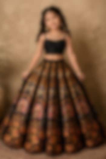 Black Raw Silk Floral Embroidered & Digital Printed Lehenga Set For Girls by Archana Kochhar Kids at Pernia's Pop Up Shop