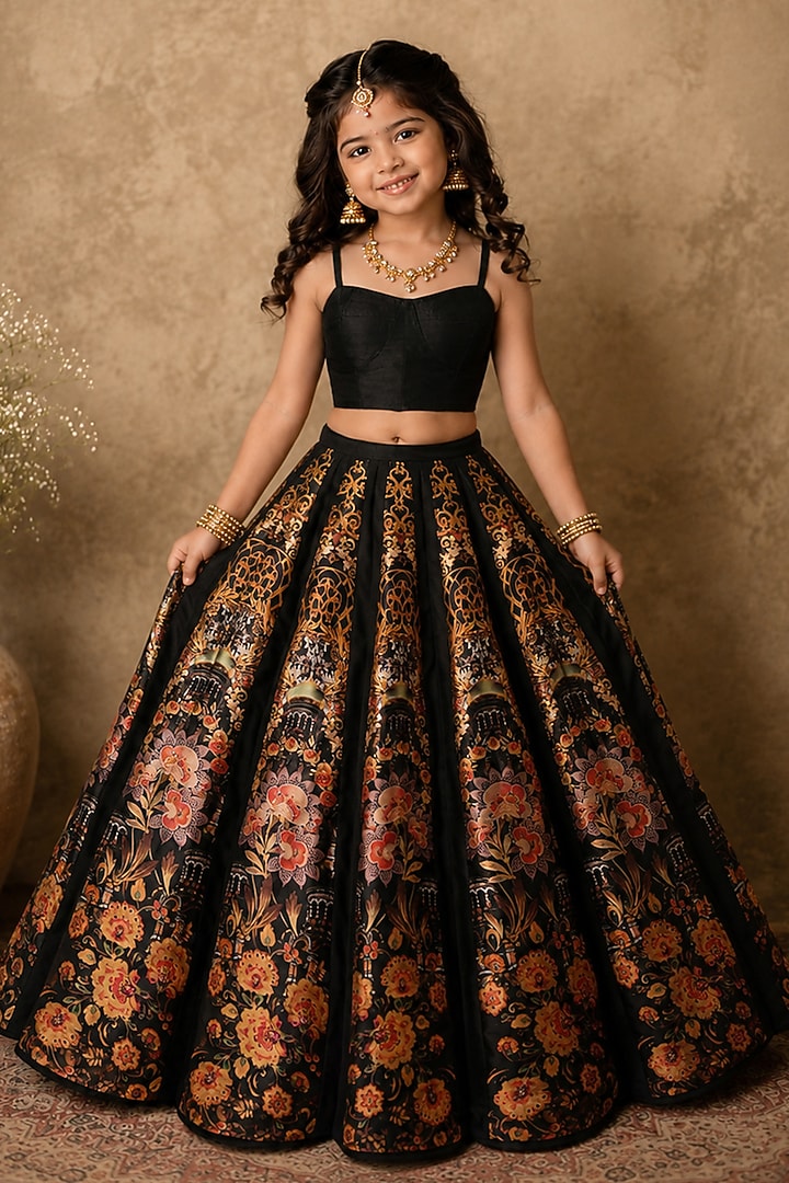 Black Raw Silk Floral Embroidered & Digital Printed Lehenga Set For Girls by Archana Kochhar Kids at Pernia's Pop Up Shop