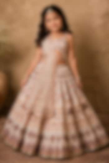 Ivory Raw Silk Floral Embroidered & Digital Printed Lehenga Set For Girls by Archana Kochhar Kids at Pernia's Pop Up Shop