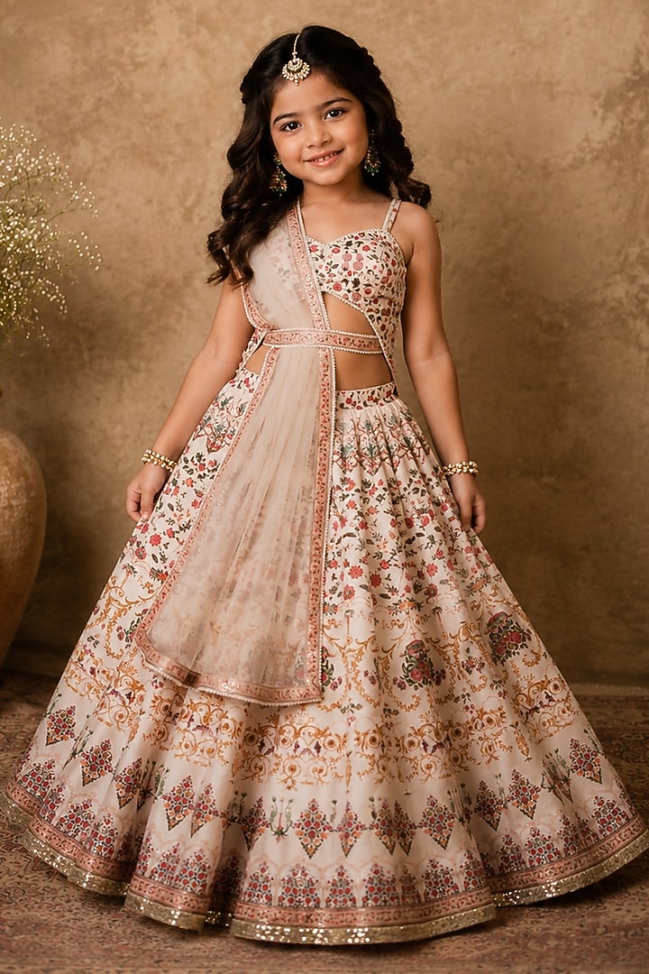 Ivory Raw Silk Floral Embroidered & Digital Printed Lehenga Set For Girls by Archana Kochhar Kids at Pernia's Pop Up Shop