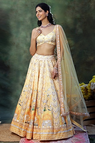 Yellow Raw Silk Beads Embroidered Lehenga Set by Archana Kochhar