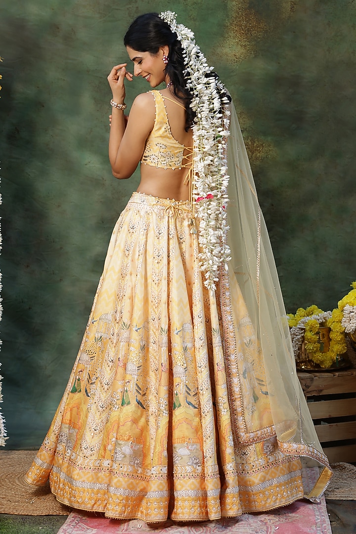 Yellow Raw Silk Beads Embroidered Wedding Lehenga Set by Archana Kochhar at Pernia's Pop Up Shop