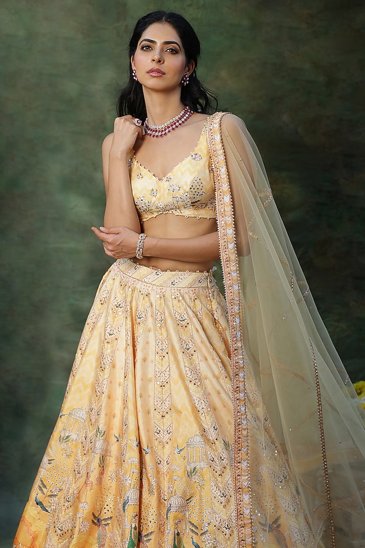 Yellow Raw Silk Beads Embroidered Wedding Lehenga Set by Archana Kochhar at Pernia's Pop Up Shop