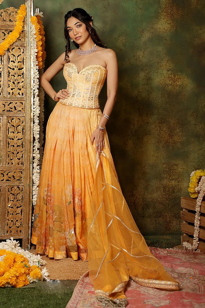 Yellow Organza Floral Printed Wedding Lehenga Set by Archana Kochhar at Pernia's Pop Up Shop