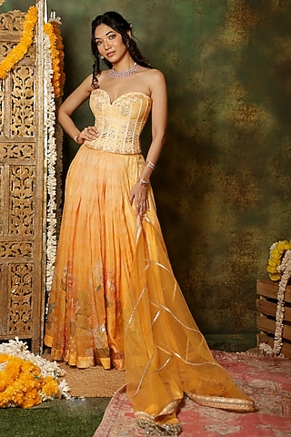 Yellow Organza Floral Printed Lehenga Set by Archana Kochhar