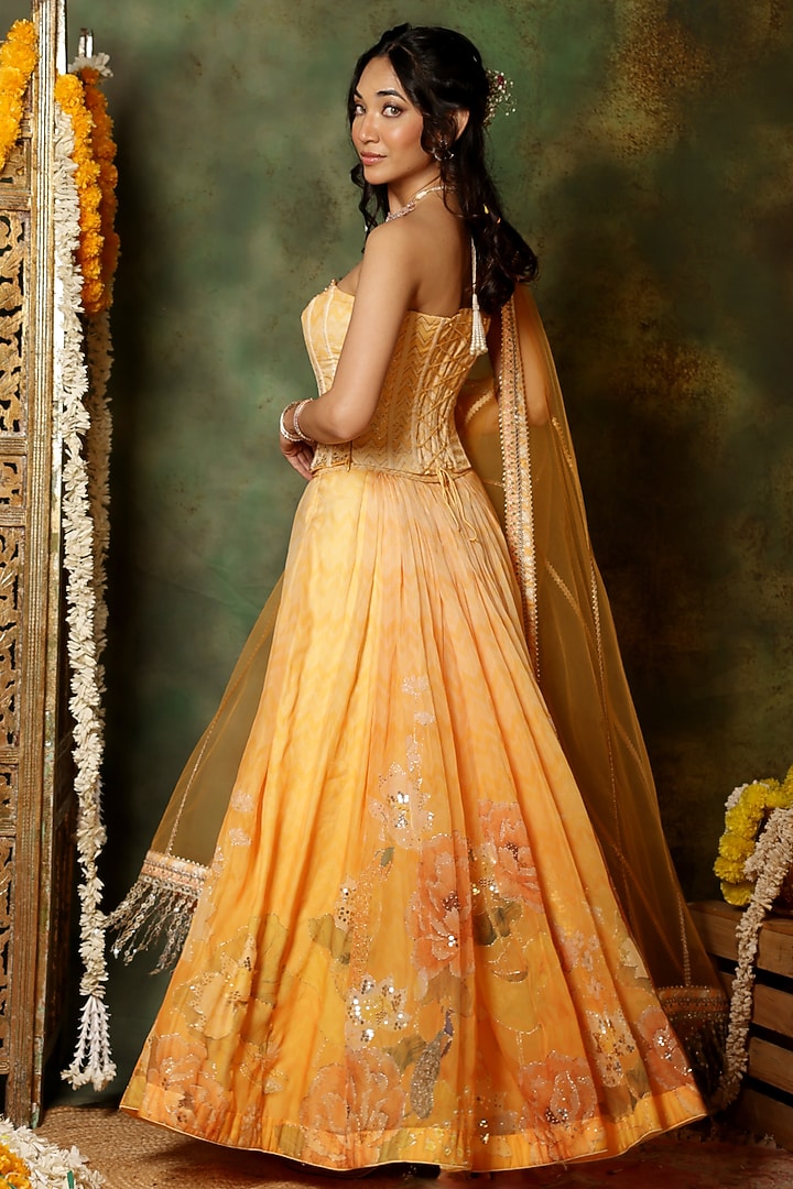 Yellow Organza Floral Printed Wedding Lehenga Set by Archana Kochhar at Pernia's Pop Up Shop