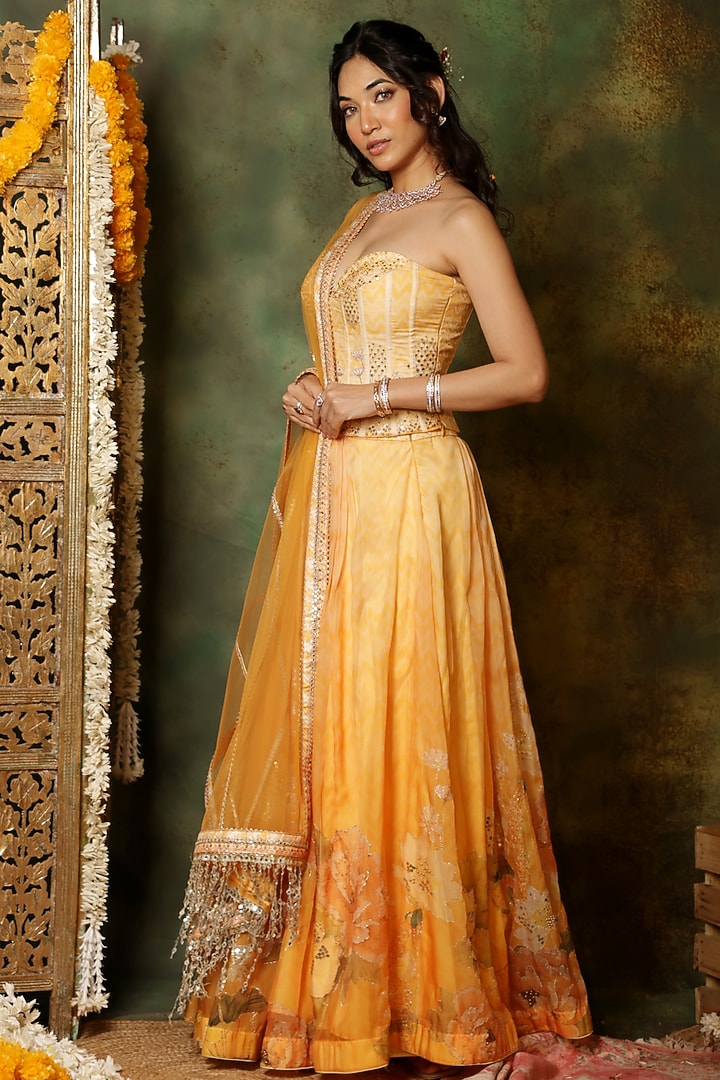 Yellow Organza Floral Printed Wedding Lehenga Set by Archana Kochhar at Pernia's Pop Up Shop