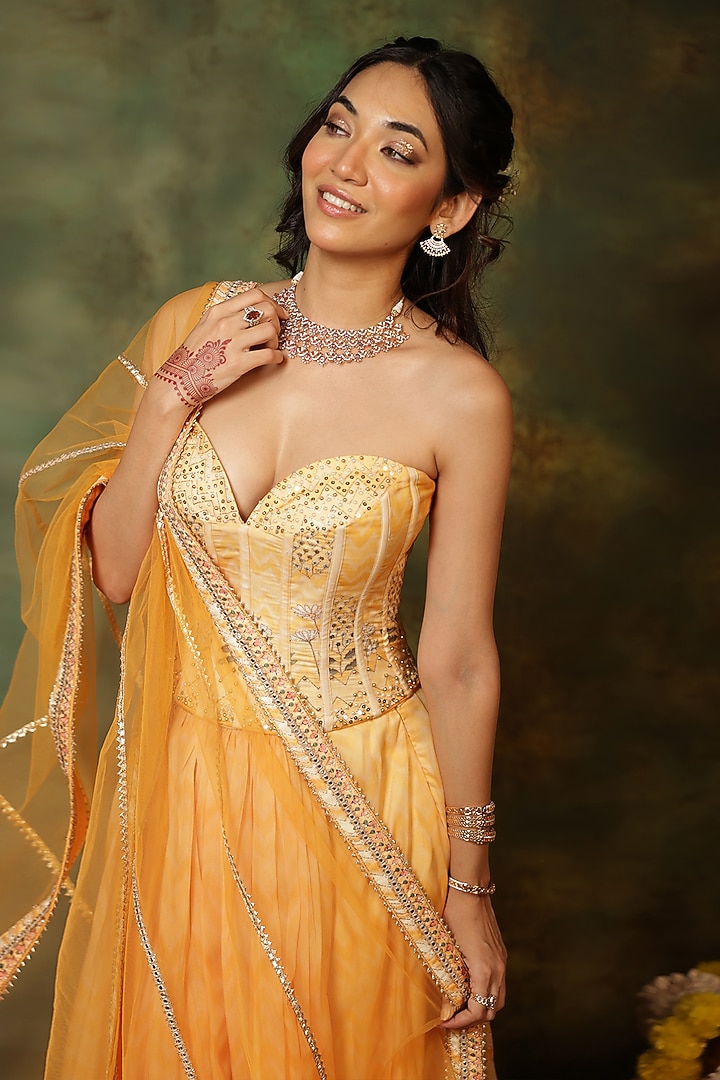 Yellow Organza Floral Printed Wedding Lehenga Set by Archana Kochhar at Pernia's Pop Up Shop
