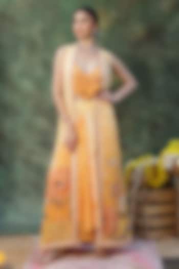 Yellow Georgette Digital Printed Jacket Set by Archana Kochhar at Pernia's Pop Up Shop