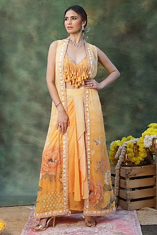 Yellow Georgette Digital Printed Jacket Set by Archana Kochhar