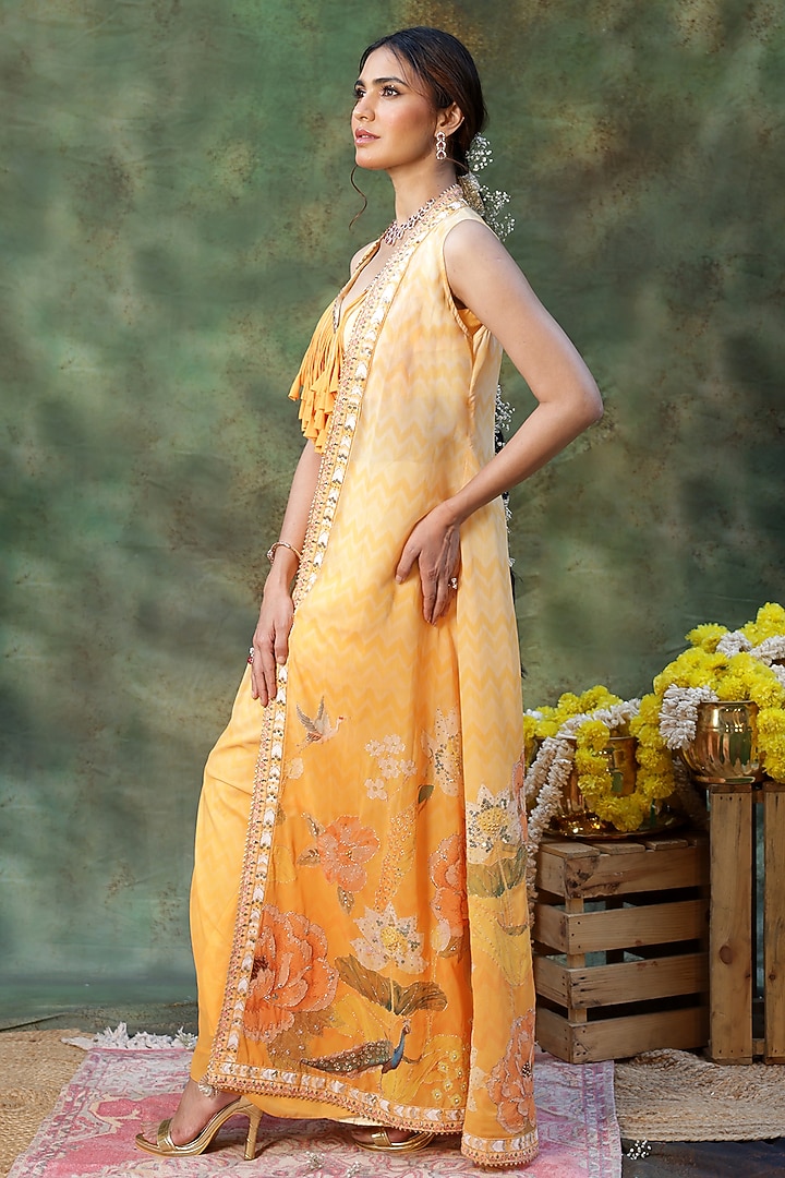 Yellow Georgette Digital Printed Jacket Set by Archana Kochhar at Pernia's Pop Up Shop