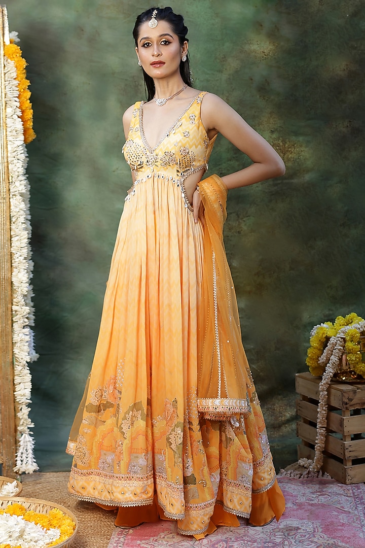 Yellow Georgette Mirror Embroidered Wedding Anarkali Set by Archana Kochhar at Pernia's Pop Up Shop