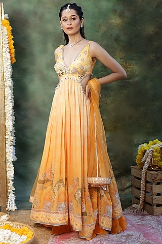 Yellow Georgette Mirror Embroidered Anarkali Set by Archana Kochhar
