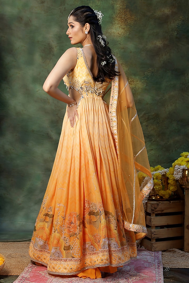 Yellow Georgette Mirror Embroidered Wedding Anarkali Set by Archana Kochhar at Pernia's Pop Up Shop