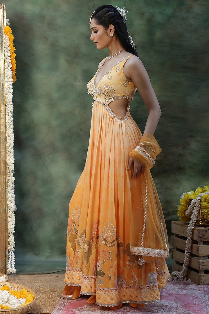 Yellow Georgette Mirror Embroidered Wedding Anarkali Set by Archana Kochhar at Pernia's Pop Up Shop