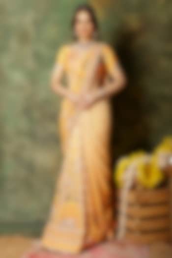 Yellow Georgette Mirror Embroidered Reception Saree Set by Archana Kochhar at Pernia's Pop Up Shop