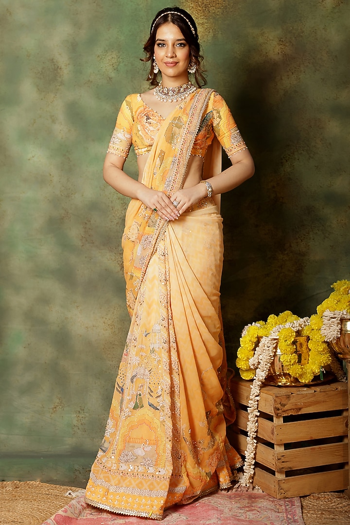 Yellow Georgette Mirror Embroidered Reception Saree Set by Archana Kochhar at Pernia's Pop Up Shop