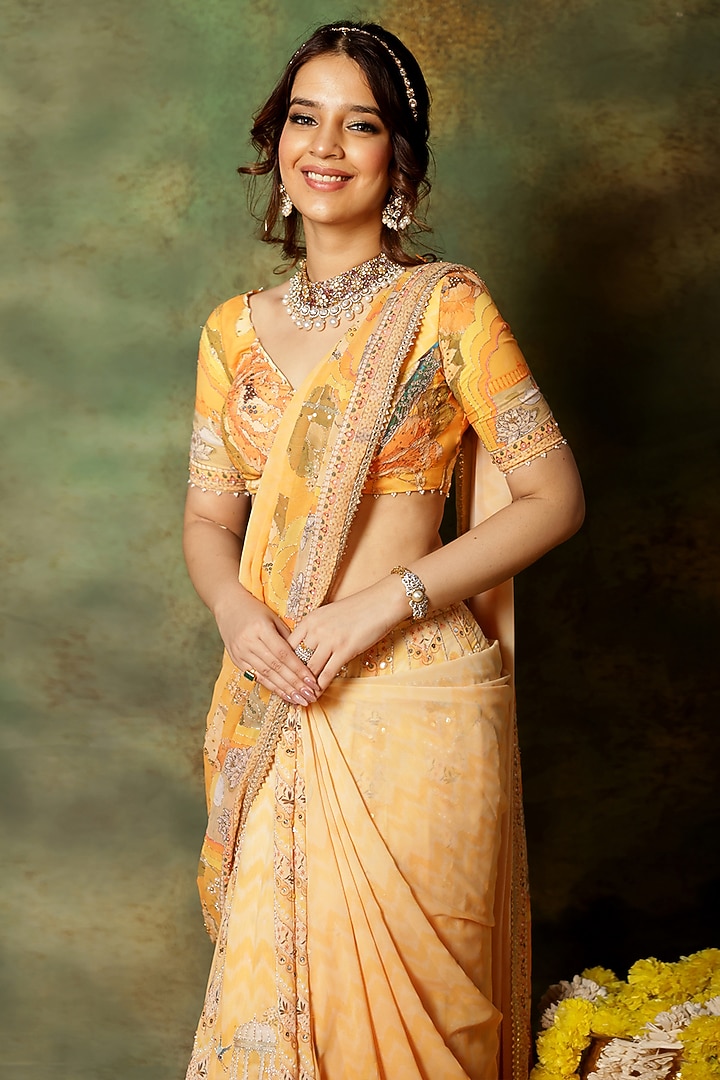 Yellow Georgette Mirror Embroidered Reception Saree Set by Archana Kochhar at Pernia's Pop Up Shop