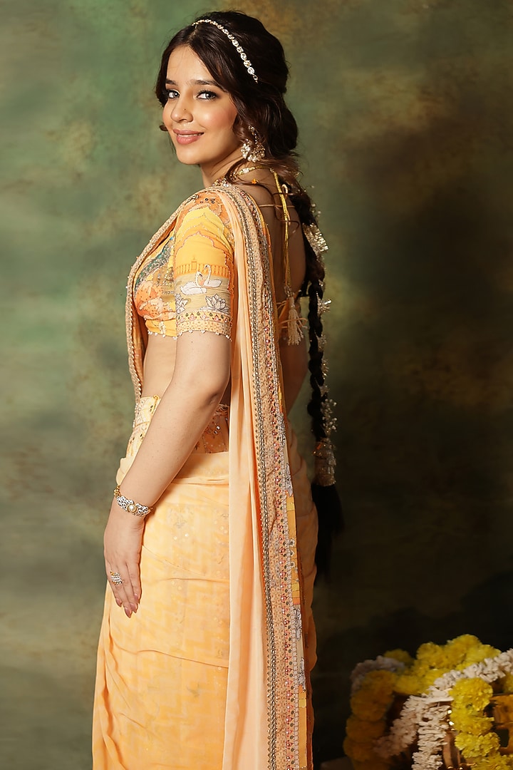 Yellow Georgette Mirror Embroidered Reception Saree Set by Archana Kochhar at Pernia's Pop Up Shop