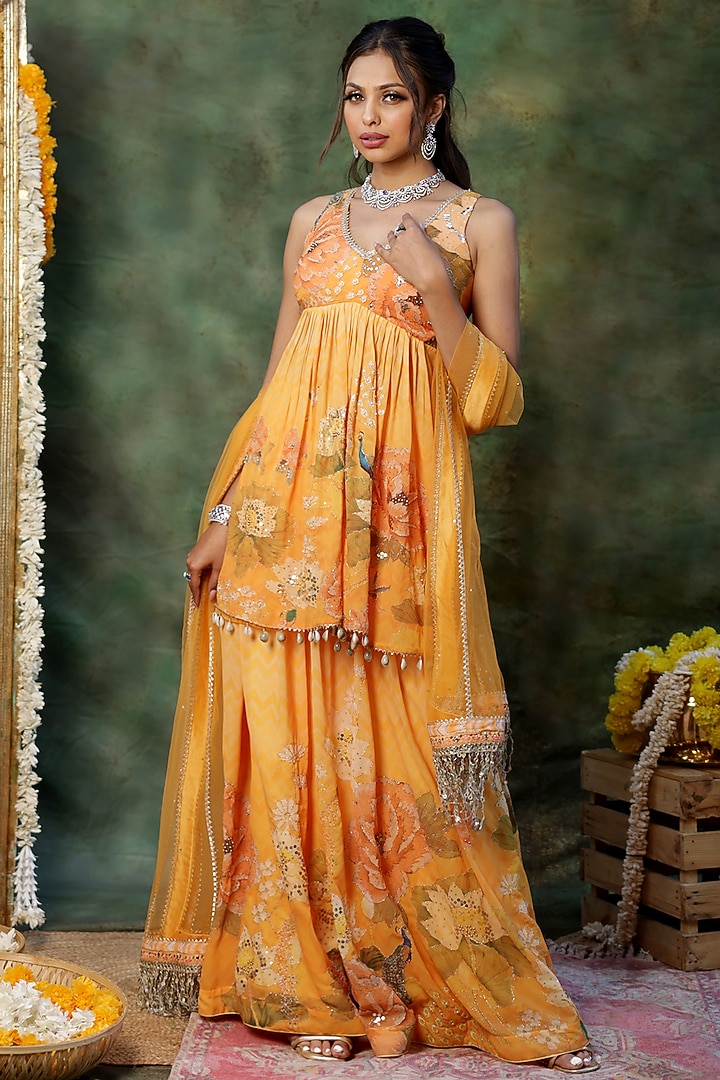 Yellow Georgette Floral Printed Wedding Sharara Set by Archana Kochhar at Pernia's Pop Up Shop