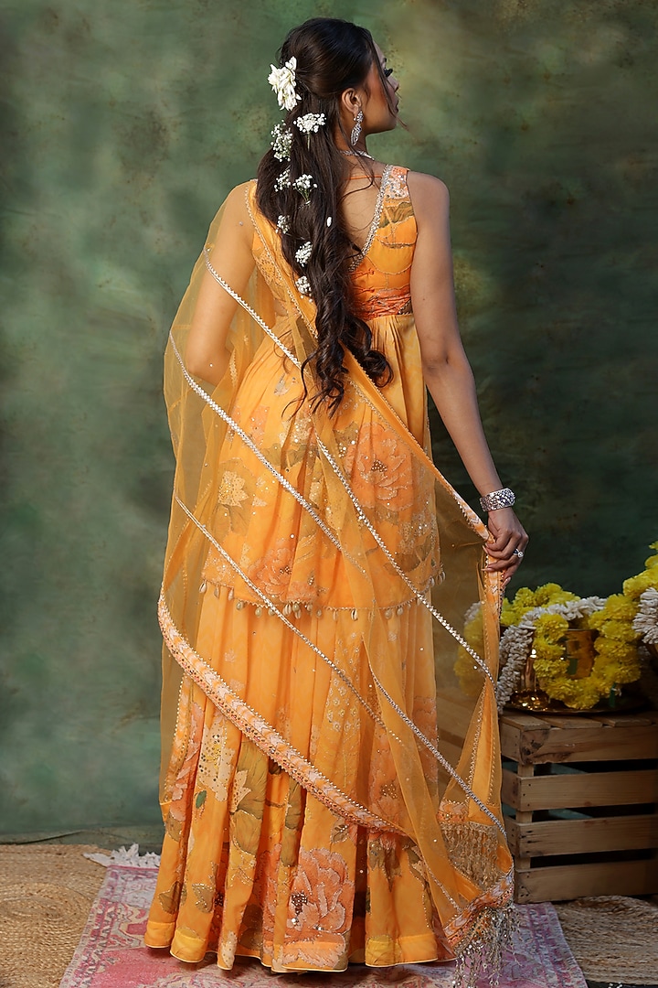 Yellow Georgette Floral Printed Wedding Sharara Set by Archana Kochhar at Pernia's Pop Up Shop
