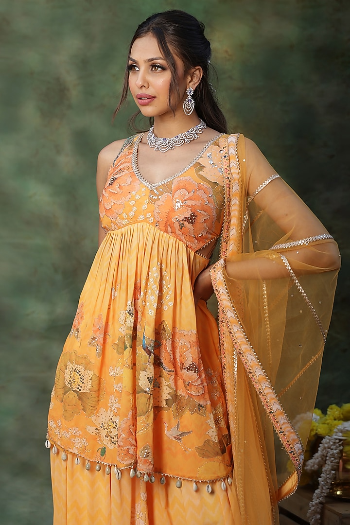Yellow Georgette Floral Printed Wedding Sharara Set by Archana Kochhar at Pernia's Pop Up Shop
